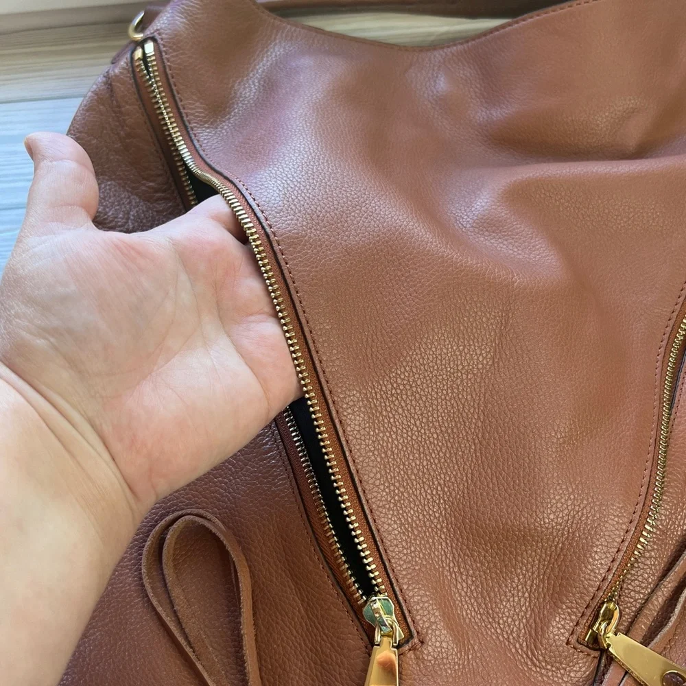 Rebecca‎ Minkoff Brown Leather Moto Hobo Tassel Fringe Shoulder Bag